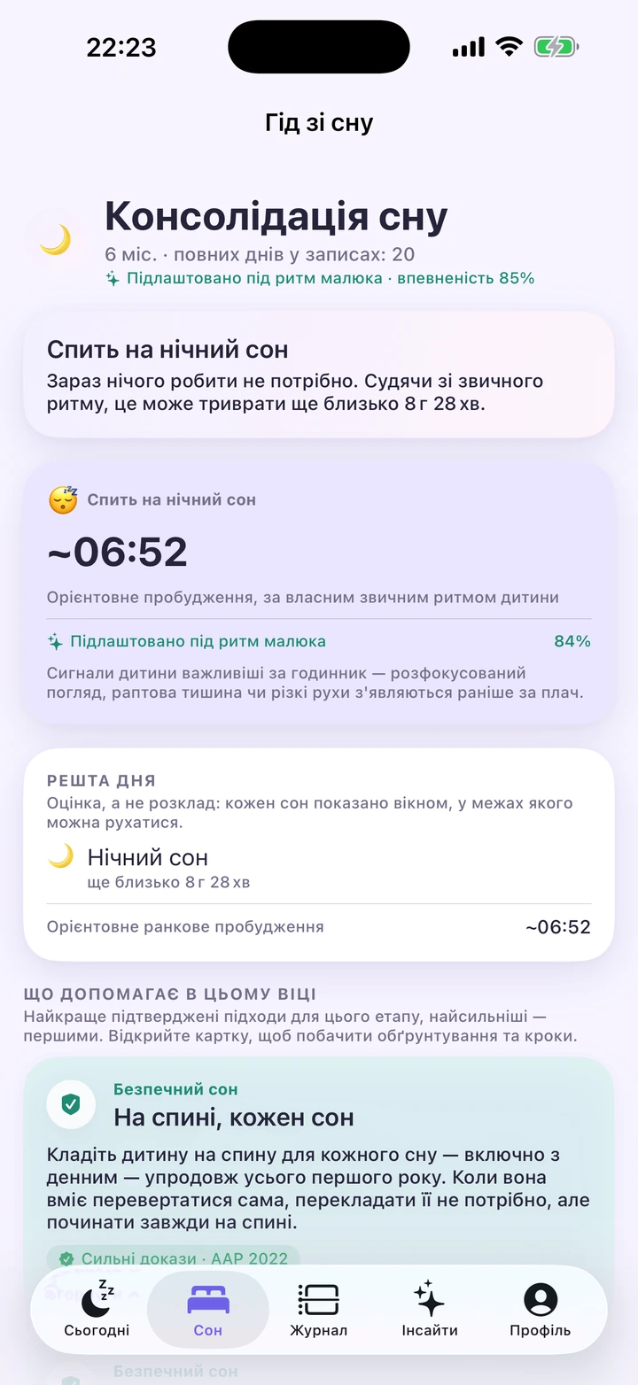 Гід зі сну в Dyvo Baby: очікуване пробудження, впевненість прогнозу та план решти дня