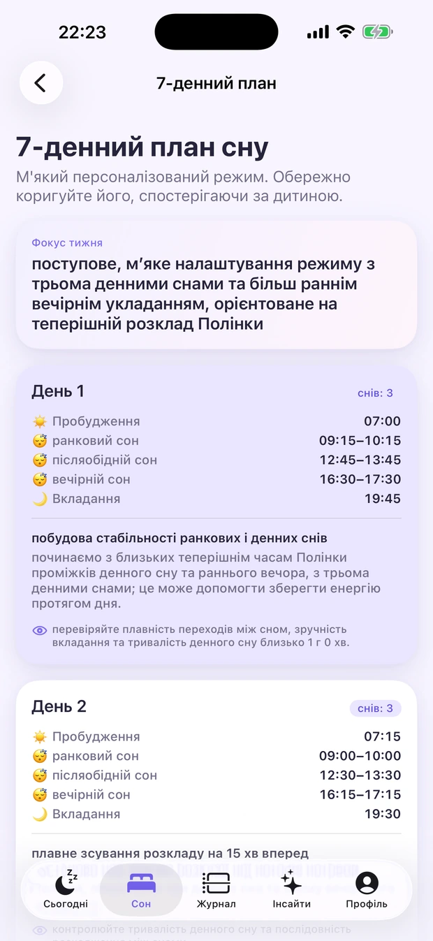 7-денний план сну в Dyvo Baby із вікнами снів і часом вкладання